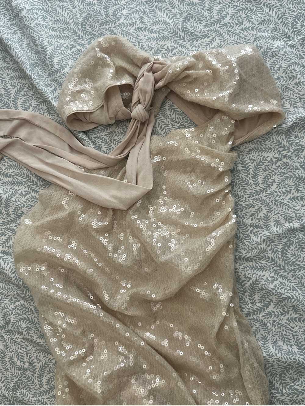 Beige Sequin Halter Dress